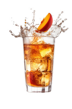 peach iced tea splashing in a glass isolated on a transparent background