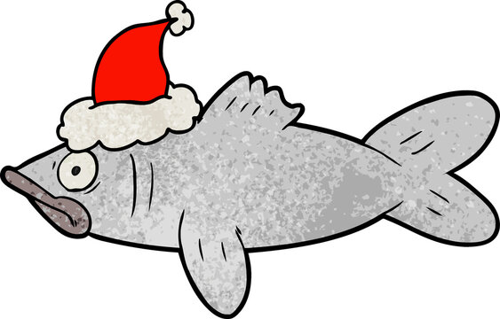 hand drawn textured cartoon of a fish wearing santa hat