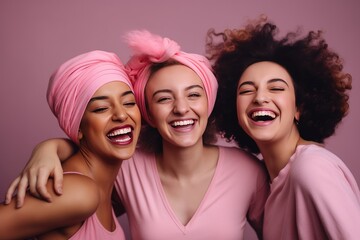 Cheerful multicultural women wearing pink headbands fighting against cancer. Happy cancer survivors. Generative AI