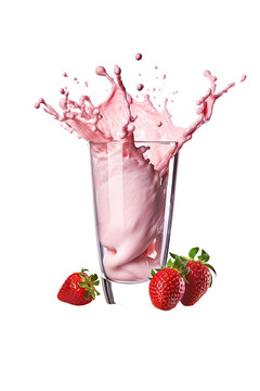 strawberry milkshake splashing in a glass isolated on a transparent background