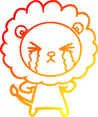 warm gradient line drawing of a cartoon crying lion