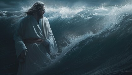 Jesus Christ walking on water or sea. Generative Ai - obrazy, fototapety, plakaty