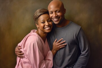 Cheerful cancer survivor girl embracing a friend, pink and amber tones. Generative AI