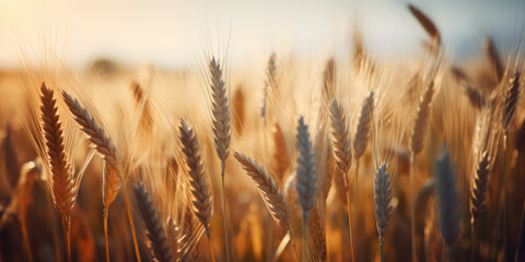 Field of wheat. Golden rye background. Grain, growing and harvest. Generative ai illustration