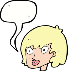 cartoon happy female face with speech bubble