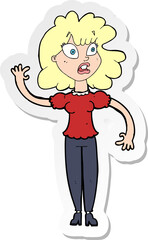 sticker of a cartoon worried woman waving