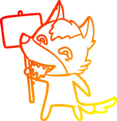 warm gradient line drawing of a cartoon hungry wolf with sign post