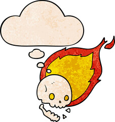 spooky cartoon flaming skull with thought bubble in grunge texture style