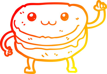 warm gradient line drawing of a cartoon waving cake character