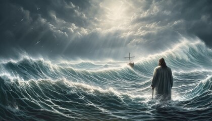 Jesus Christ walking on water or sea. - obrazy, fototapety, plakaty