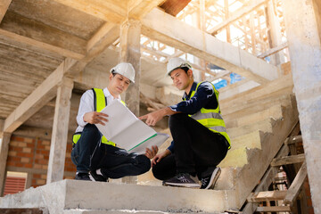Two Asian male engineers are unfolding blueprints and checking work attentively. In construction...