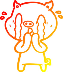 warm gradient line drawing of a crying pig cartoon