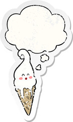 cartoon ice cream with thought bubble as a distressed worn sticker