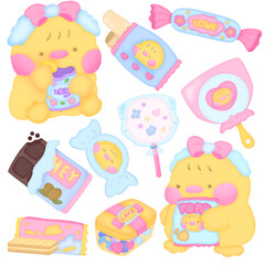 Yellow chick with sweets dessert chocolate cotton candy