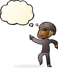 cartoon man in bike helmet pointing with thought bubble