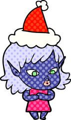 pretty hand drawn comic book style illustration of a elf girl wearing santa hat