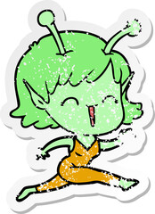 distressed sticker of a cartoon alien girl laughing