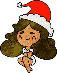 hand drawn christmas textured cartoon of kawaii girl