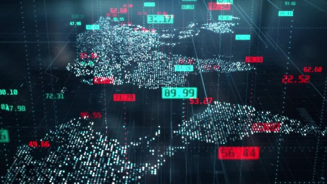 Forex trade with digital world map. Financial trading prices. Global finance exchange index concept. Cryptocurrency or stock market chart and data. Bitcoin BTC and ethereum ETH background