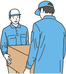 複数の男性作業員達が段ボールを運ぶシーン
