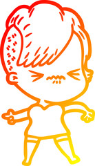 warm gradient line drawing of a cartoon annoyed hipster girl