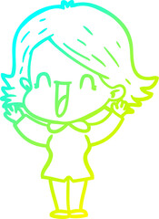 cold gradient line drawing of a cartoon happy woman