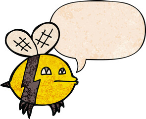 cartoon bee with speech bubble in retro texture style