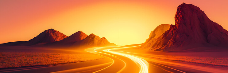 Immerse yourself in the breathtaking beauty of nature's symphony in this captivating photograph. As the sun gracefully dips below the horizon, a winding road emerges. AI Generated - obrazy, fototapety, plakaty