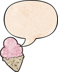 cartoon ice cream with speech bubble in retro texture style