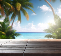 A wooden table looking out to a blurred tropical landscape