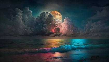 Fototapete Rund Schwarz Beautiful landscape by the ocean with a view of the moon  © Taisiia