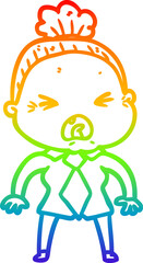 rainbow gradient line drawing of a cartoon angry old woman