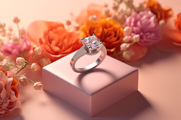 Close-up of a diamond engagement ring. The concept of love and wedding. Generative AI