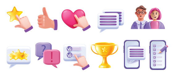 3D customer feedback vector icon set, happy client review sign kit, speech bubble online survey star. Business web rating clipart, communication consumer chat satisfaction like. Customer feedback sign