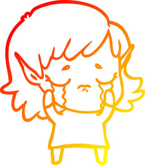 warm gradient line drawing of a cartoon crying elf girl