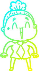 cold gradient line drawing of a cartoon happy old lady