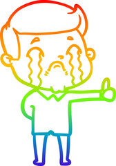 rainbow gradient line drawing of a cartoon man crying