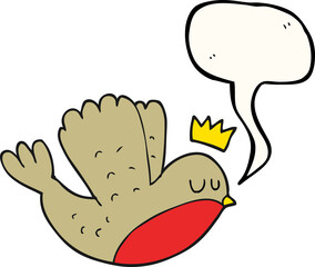 freehand drawn speech bubble cartoon flying christmas robin with crown