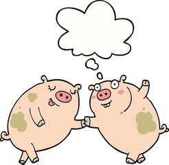 cartoon pigs dancing with thought bubble