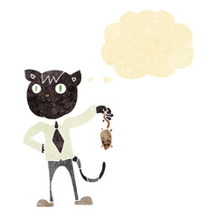 cartoon business cat with dead mouse with thought bubble