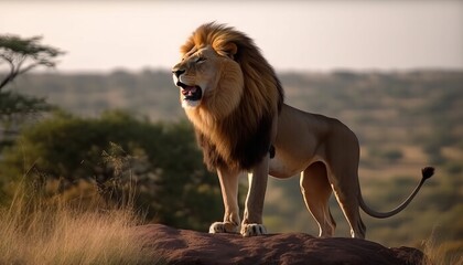 Fototapeta na wymiar King of Lion roaring looking regal standing on small hill