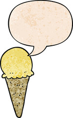 cartoon ice cream with speech bubble in retro texture style