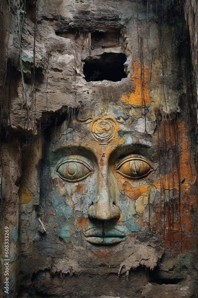 Poster a face carved into the side of a tree trunk with a hole in it. generative ai