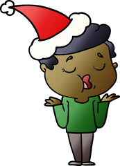 hand drawn gradient cartoon of a man talking and shrugging shoulders wearing santa hat