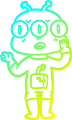 cold gradient line drawing of a cartoon three eyed alien