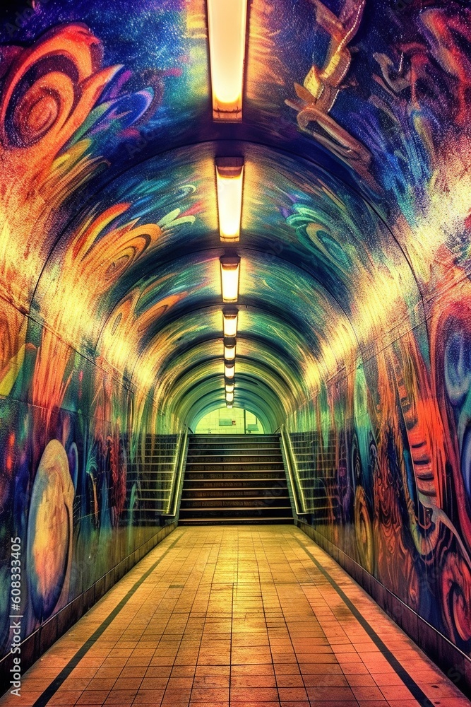 Sticker  a long tunnel with a lot of graffiti on the walls.  generative ai