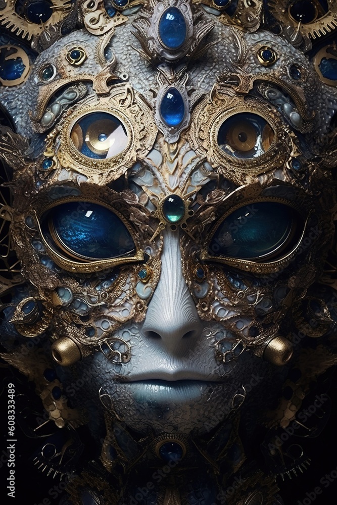 Poster a close up of a person wearing a mask with gears on it. generative ai