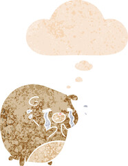 cartoon crying bear with thought bubble in grunge distressed retro textured style