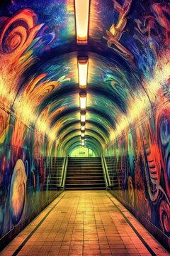  a long tunnel with a lot of graffiti on the walls.  generative ai