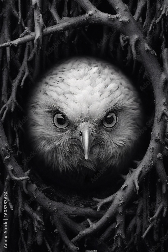 Poster a bird is looking out of a tree branch nest with its eyes wide open. generative ai